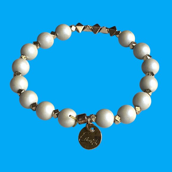 Erimish White and Gold Beaded Bracelet Logo Tag Stackable Stretch - Picture 1 of 3